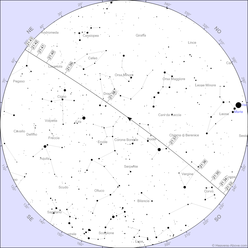 La mappa riferita al passaggio della Stazione Spaziale dalla Campania di stasera 13 Luglio 2023